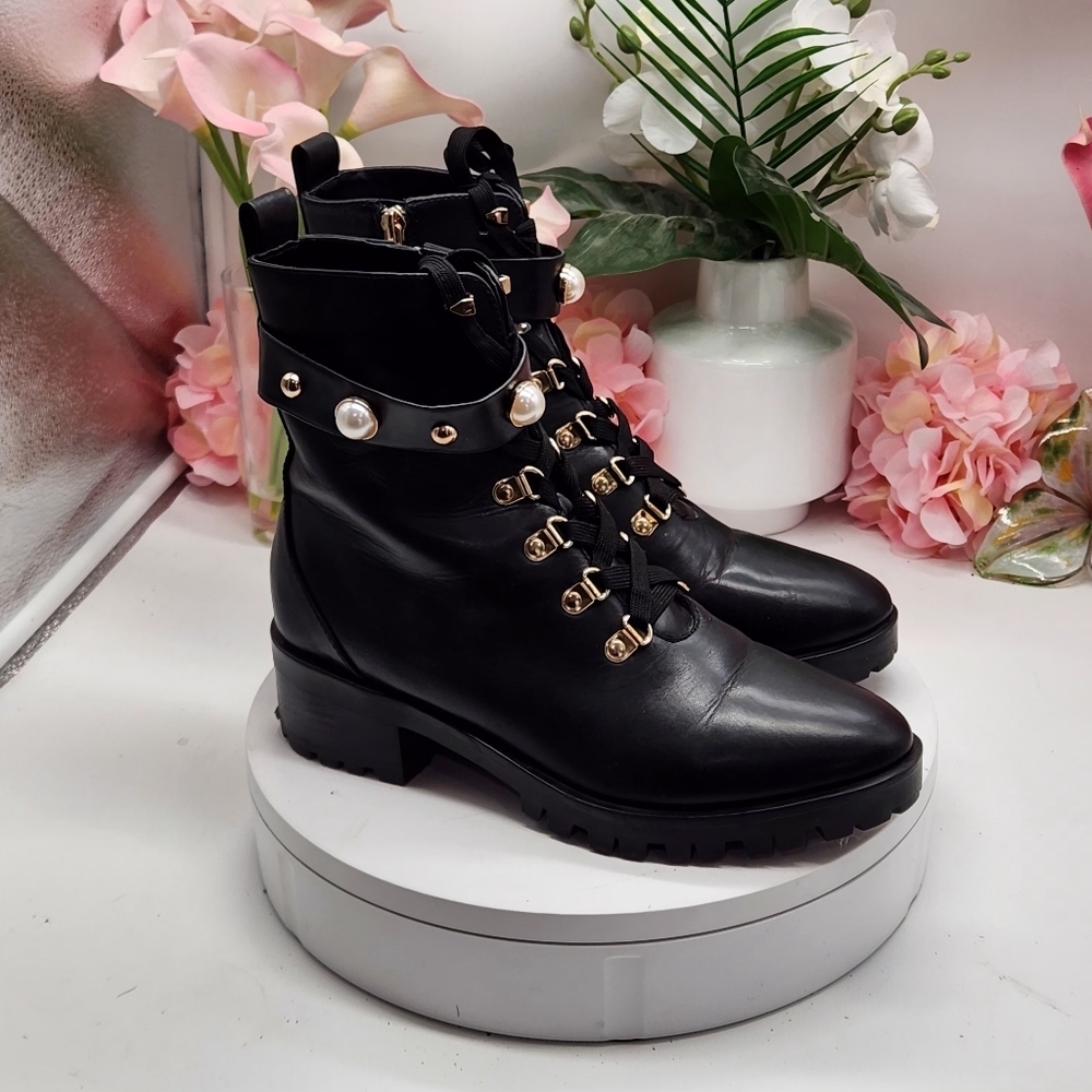 Karl Lagerfeld Lace-up Combat Boots Gold & Pearl Studded Sz 9.5M - Picture 10 of 15
